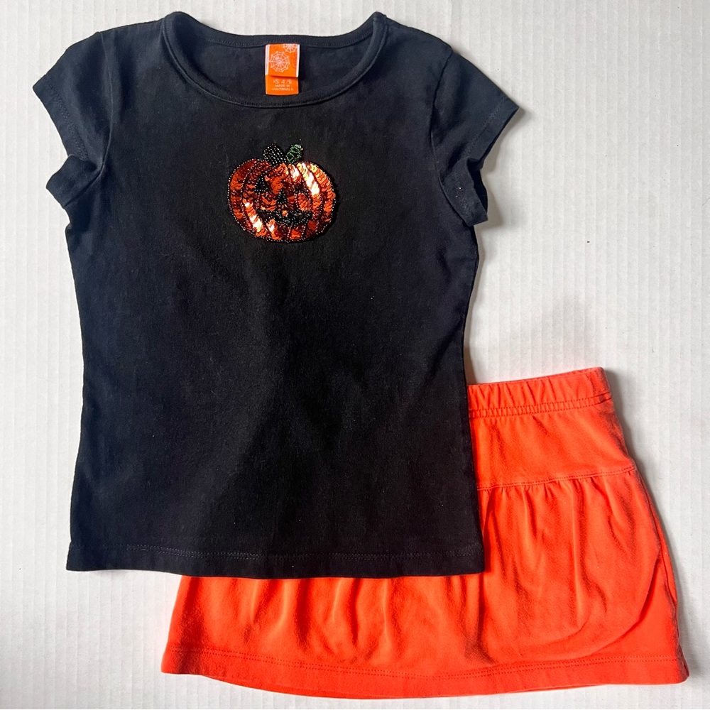 Girls Sz 4/5 Halloween Outfit | Jack O Lantern Tee & Orange Skirt